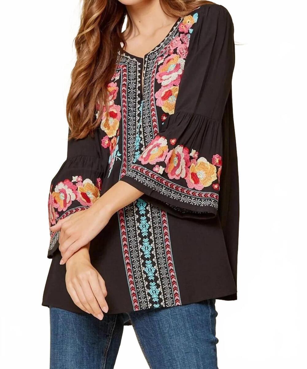 NEW ANDREE BY UNIT penelope embroidered bell sleeve top in black